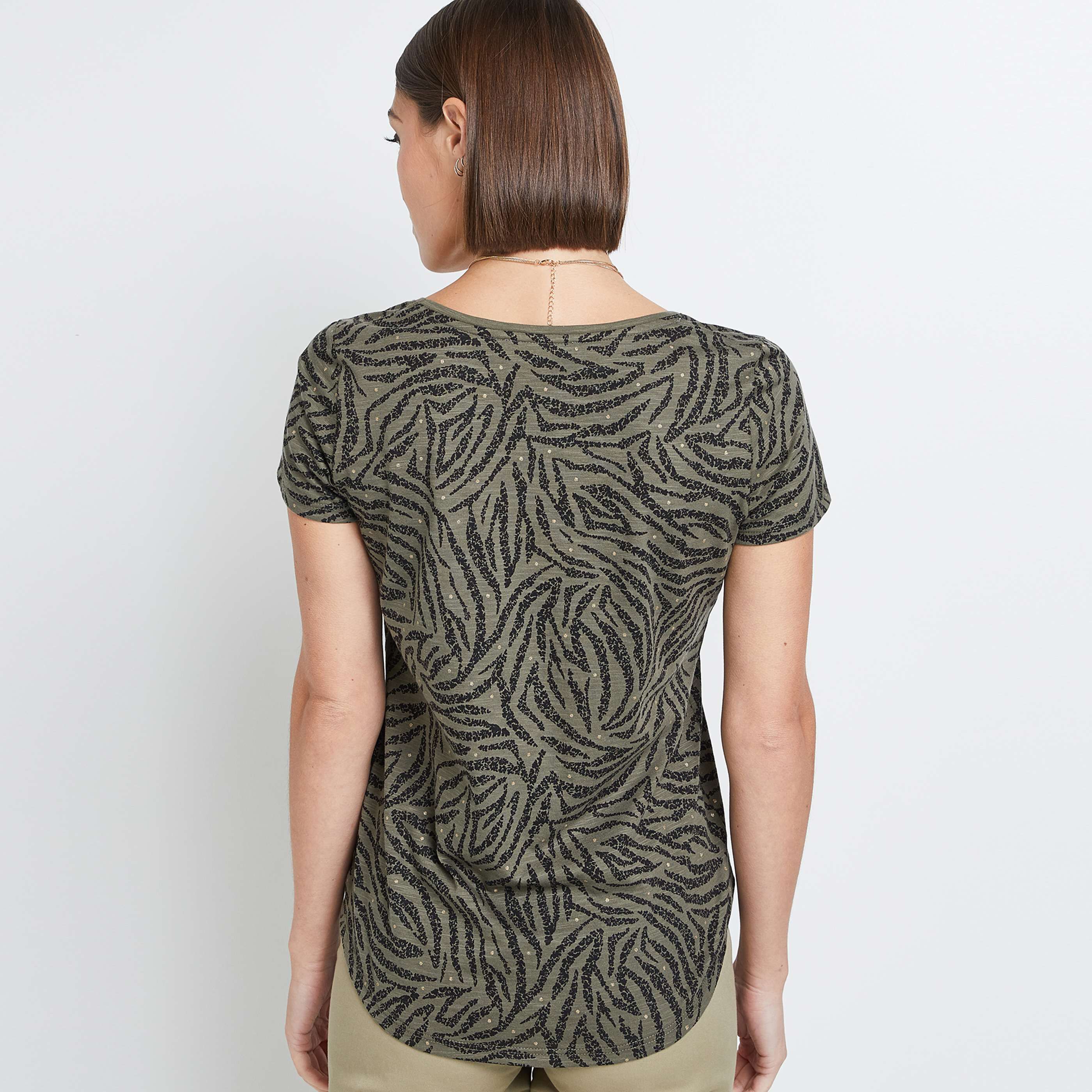 T-shirt imprimé col V femme - KAKI