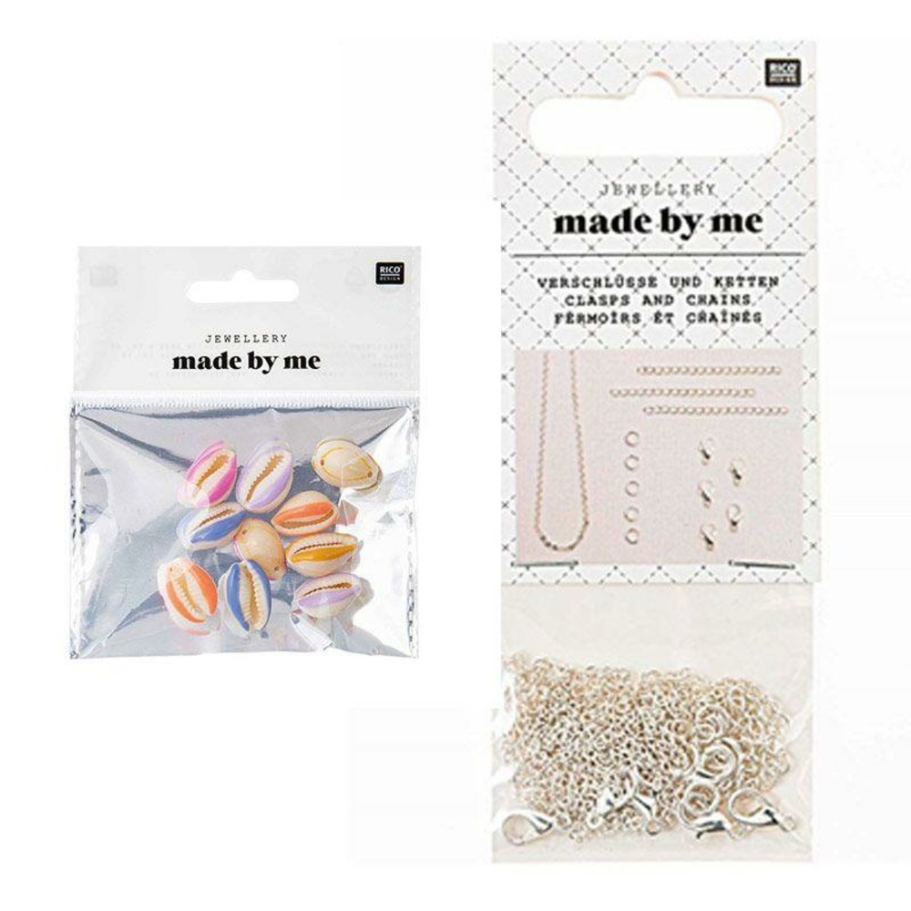 10 perles coquillages multicolores + fermoirs épais et chaînes argentés