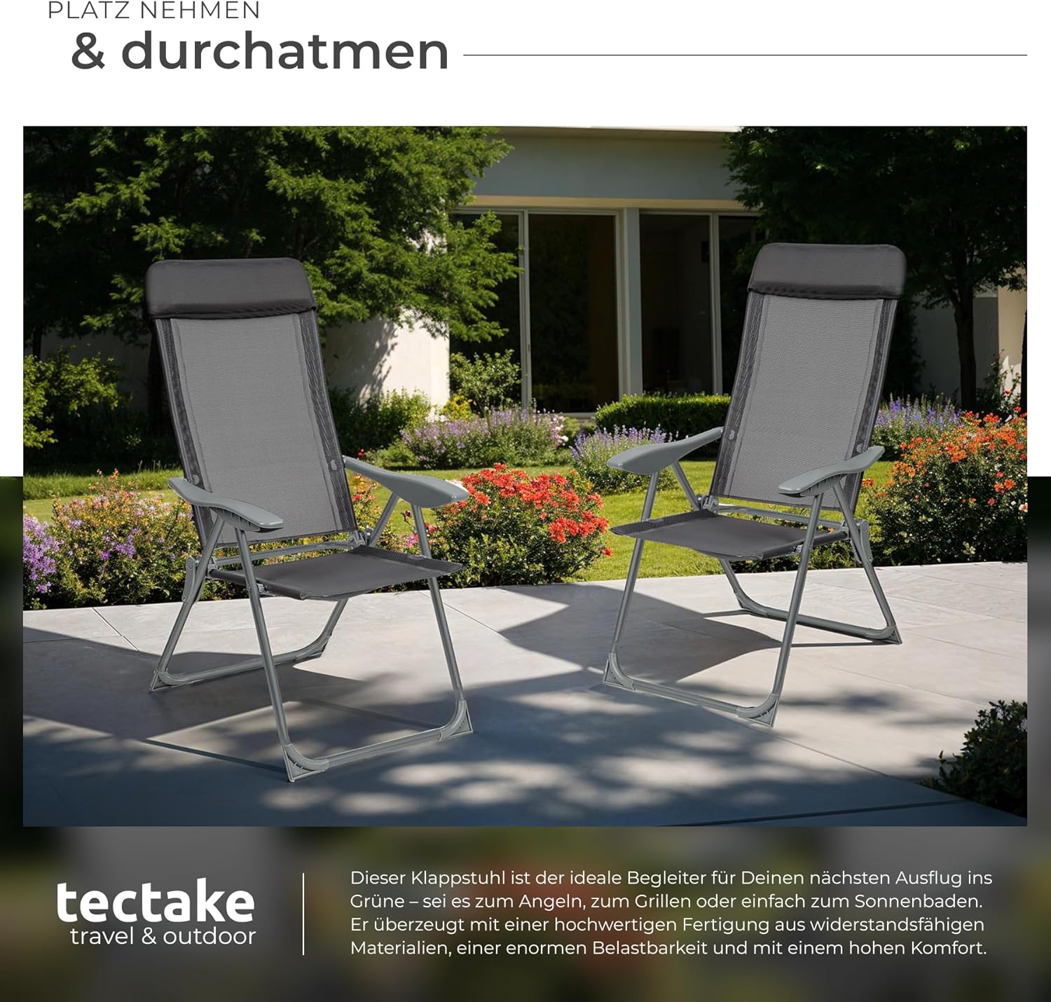 tectake® 4er Set Gartenstuhl Hochlehner, Gartenstühle, Essstühle Aluminium, Klappstuhl 5-Fach verstellbar mit Armlehnen, Sessel mit Liegefunktion, Gartenmöbel, Möbel für Terrasse, Camping - anthrazit