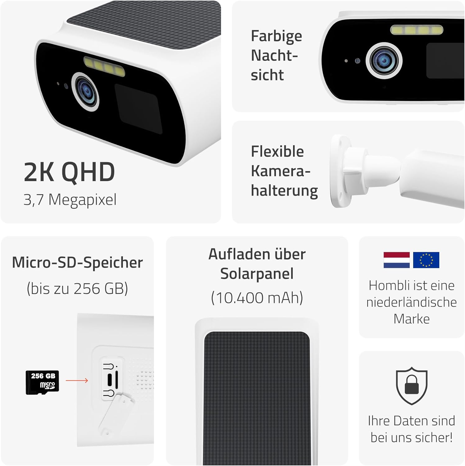 WiFi Solar IP Kamera 2K 1440p Infrarot LED's Nachtsichtfunktion / Micro SD / Wandhalterung iOS/Android (IP66) - Weiss