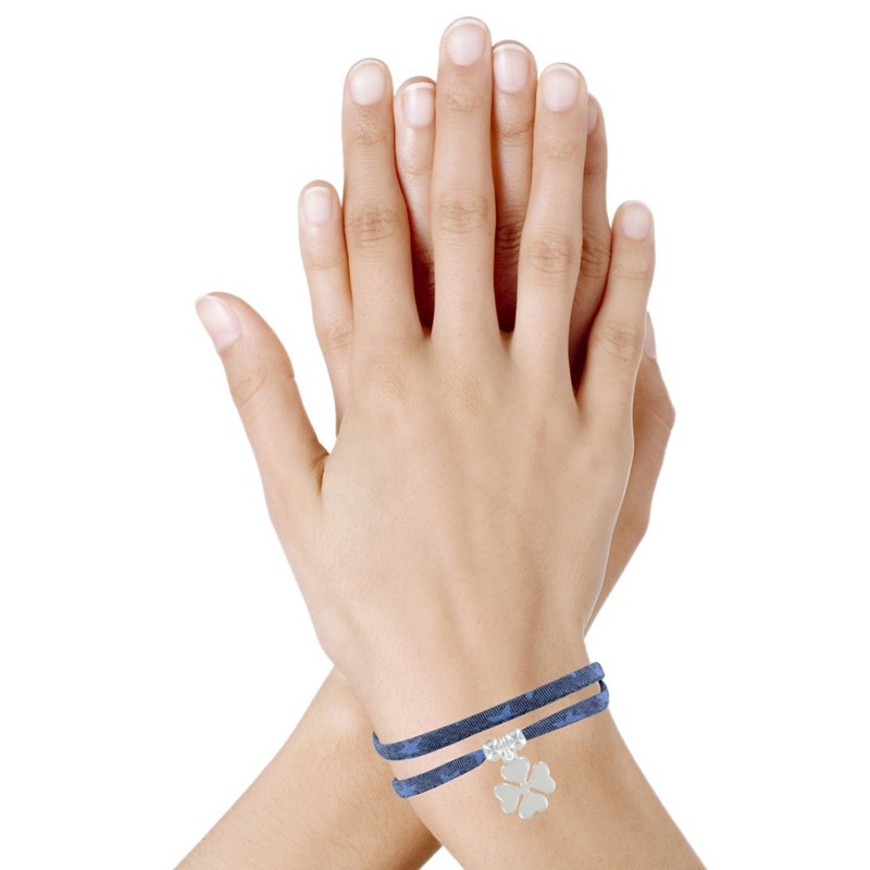 Bracelet Double Tour Lien Etoiles et Trèfle Argent - Colors - Bleu Jean