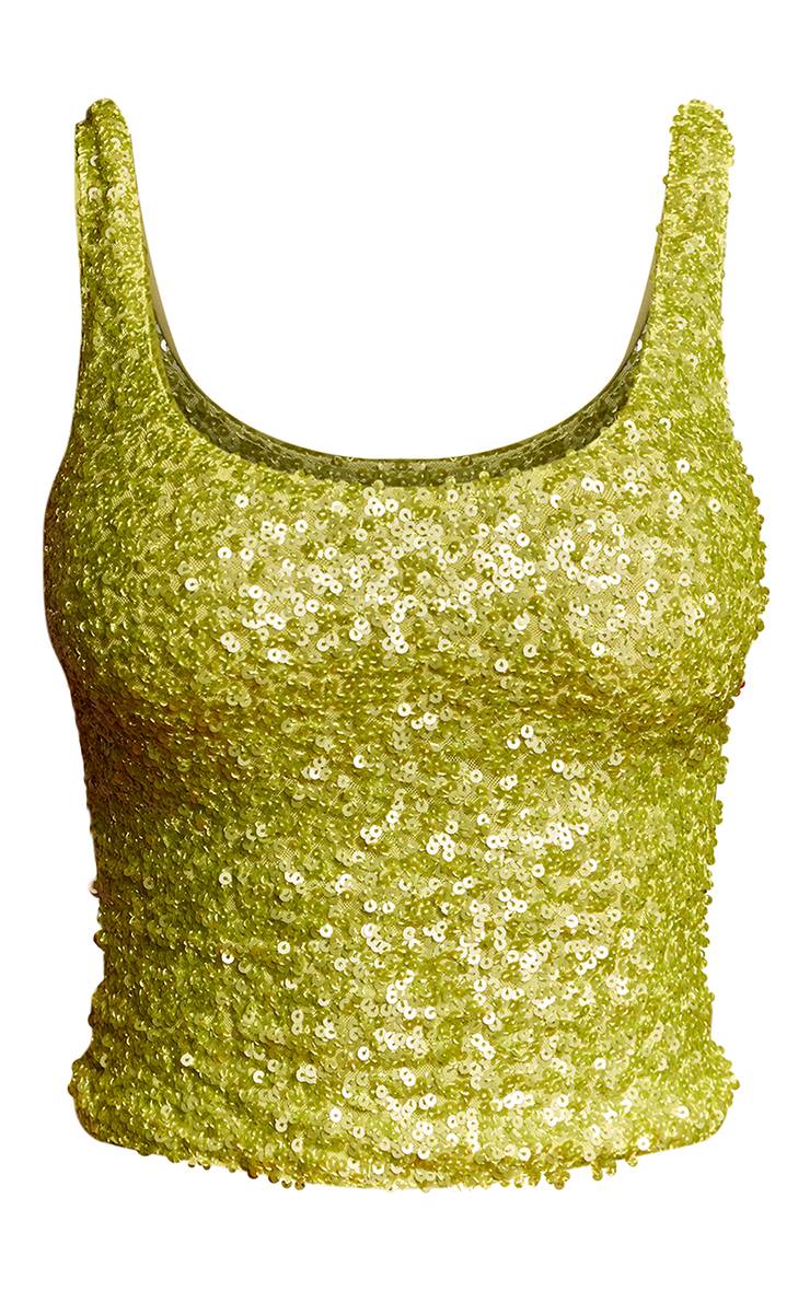 Citron Vert Haut Débardeur Court À Sequins Verts Col Carré Ensemble Coordonné