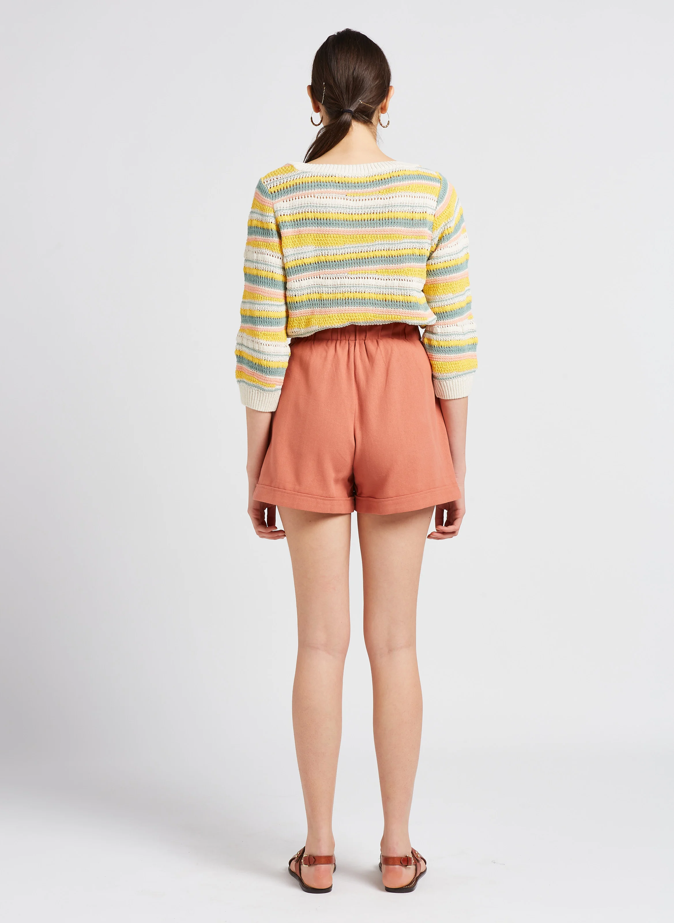 VILULIA - Pull col rond rayé en coton mélangé | Beige
