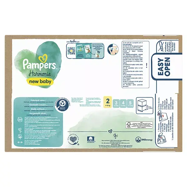 Fraldas Pampers Harmonie Maxi Pack Tamanho 2 (4-8 kg) com embalagem de papel reciclável