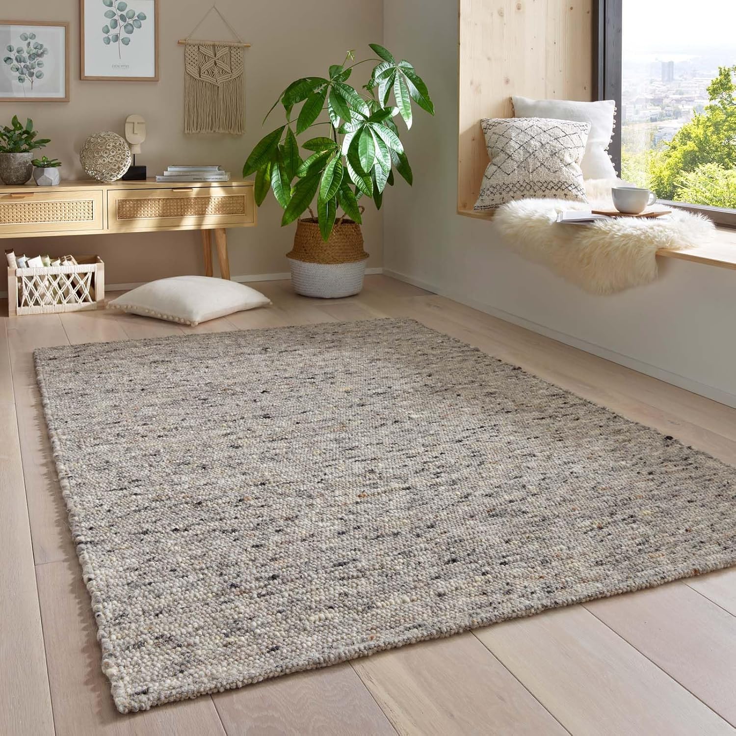 Taracarpet Gewalkter Wollteppich Lambrecht Handgewebt Wohnzimmer – Handwebteppich Schurwolle – Webteppich Wolle Natur für Schlafzimmer, Esszimmer, Küche Grau meliert 200 x 240 cm