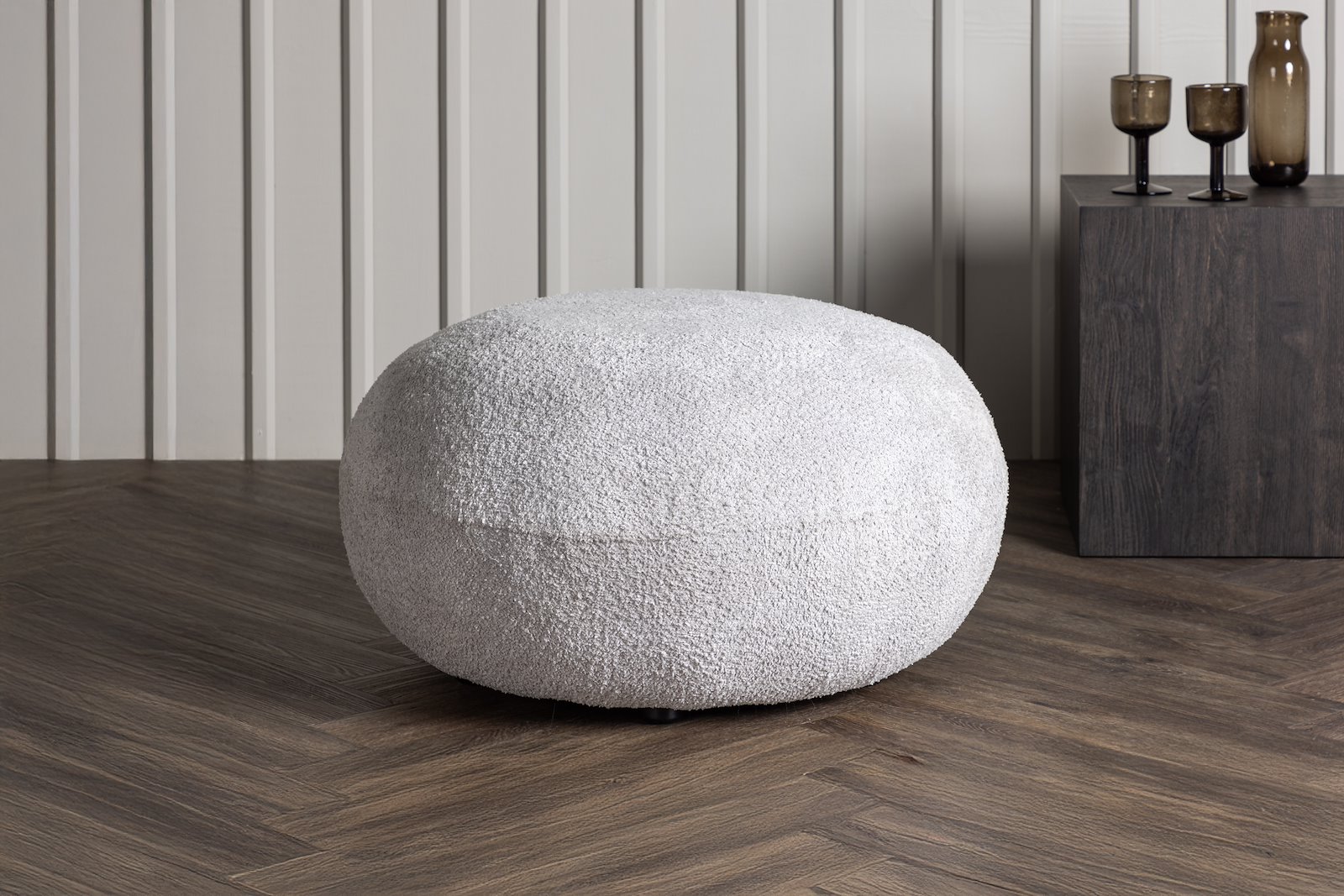 Bologna puff Ø74cm, lysgrå teddy tekstil\n