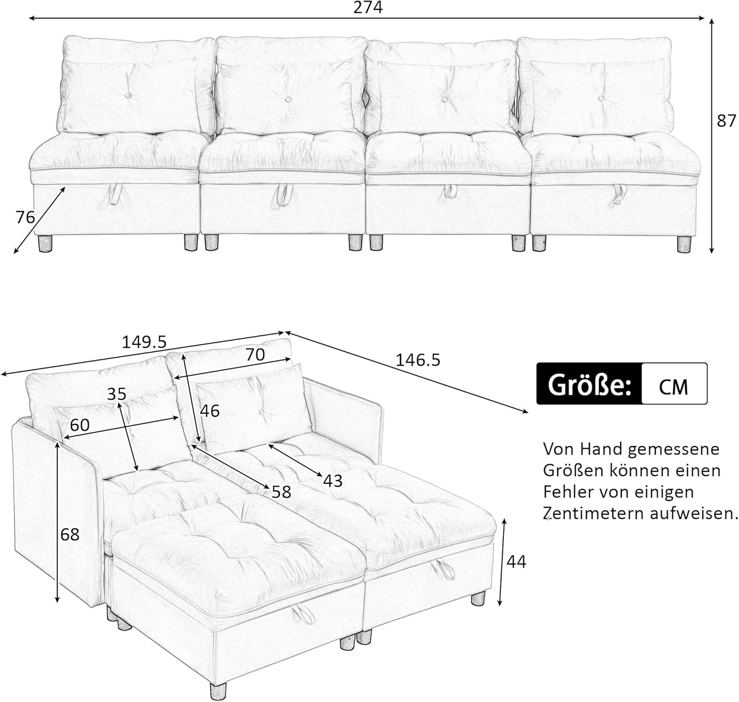 Cloud Modulares Sofa 4-Sitzer Modulares, zerlegbares Sofa-Set: Frei konfigurierbar + Stauraum unter Allen Kissen + Schlaffunktion + Chenille-Stoff (Beige)