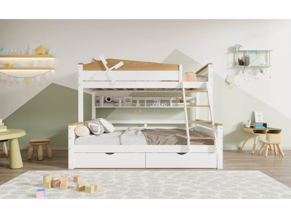 Lits superposés 2 x 90 x 200 cm + lit gigogne 90 x 190 cm - avec 2 grand tiroirs et tête de lit - pin + MDF - coloris: blanc + naturel