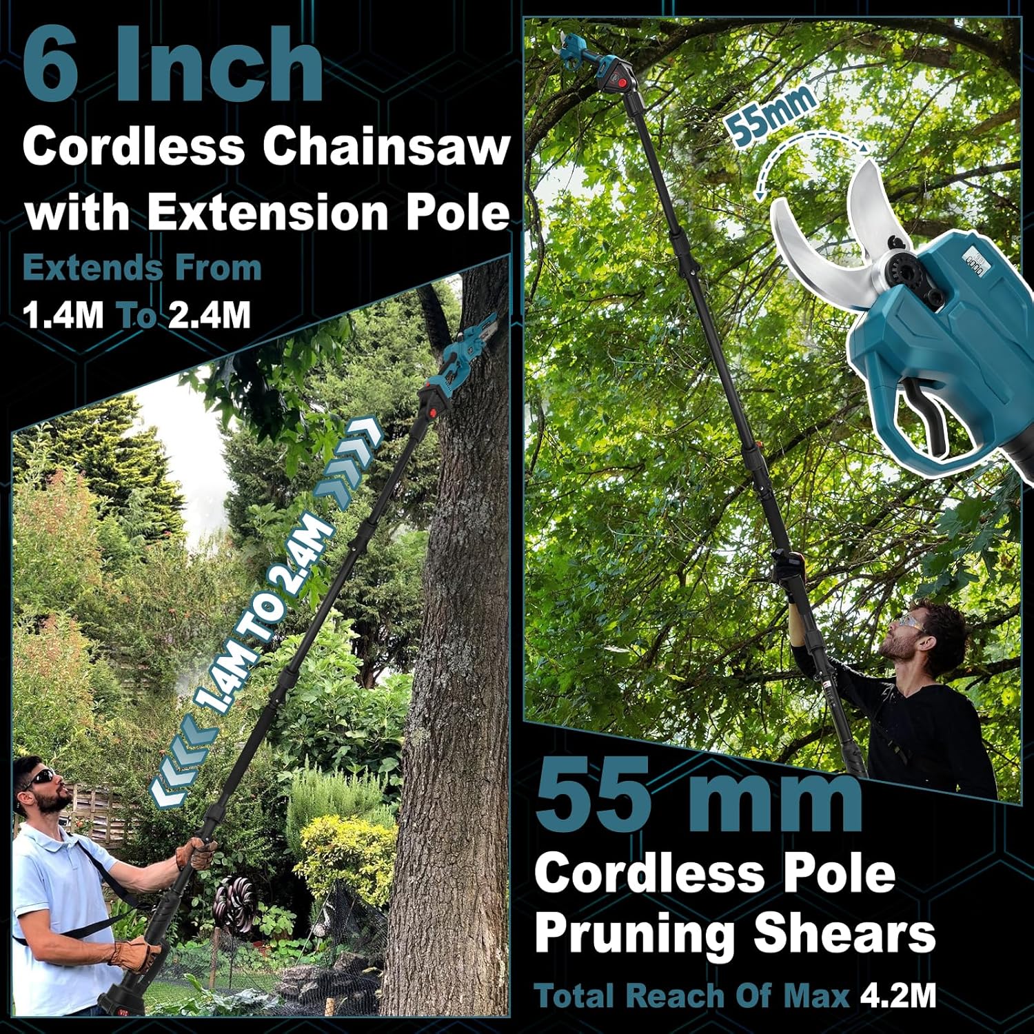 4 in 1 Akku Astschere Mini Kettensäge Teleskop mit 2x4Ah Akkus, 55 mm Elektrische Gartenschere, 6 Zoll Hochentaster Astsäge, Maximale Reichweite bis 4,1m, Bürstenlos Motor für Makita 18V
