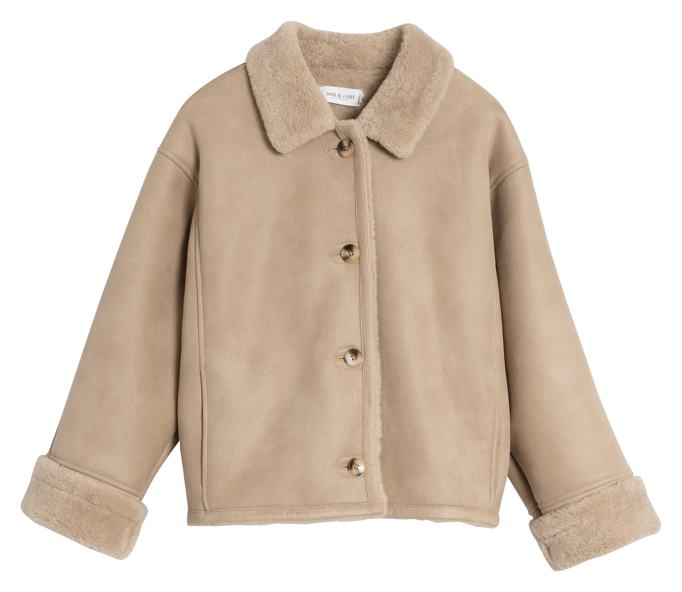 Manteau col classique effet fourrure| Beige