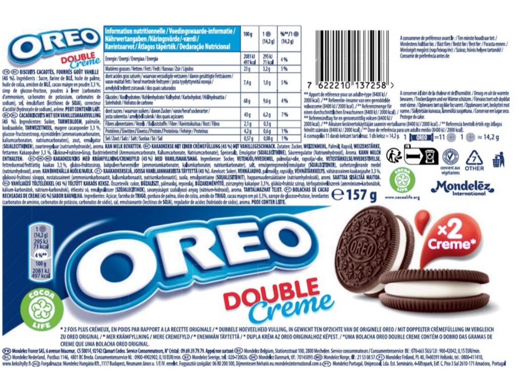 BOLACHAS RECHEADAS OREO DUPLO CREME 157 G