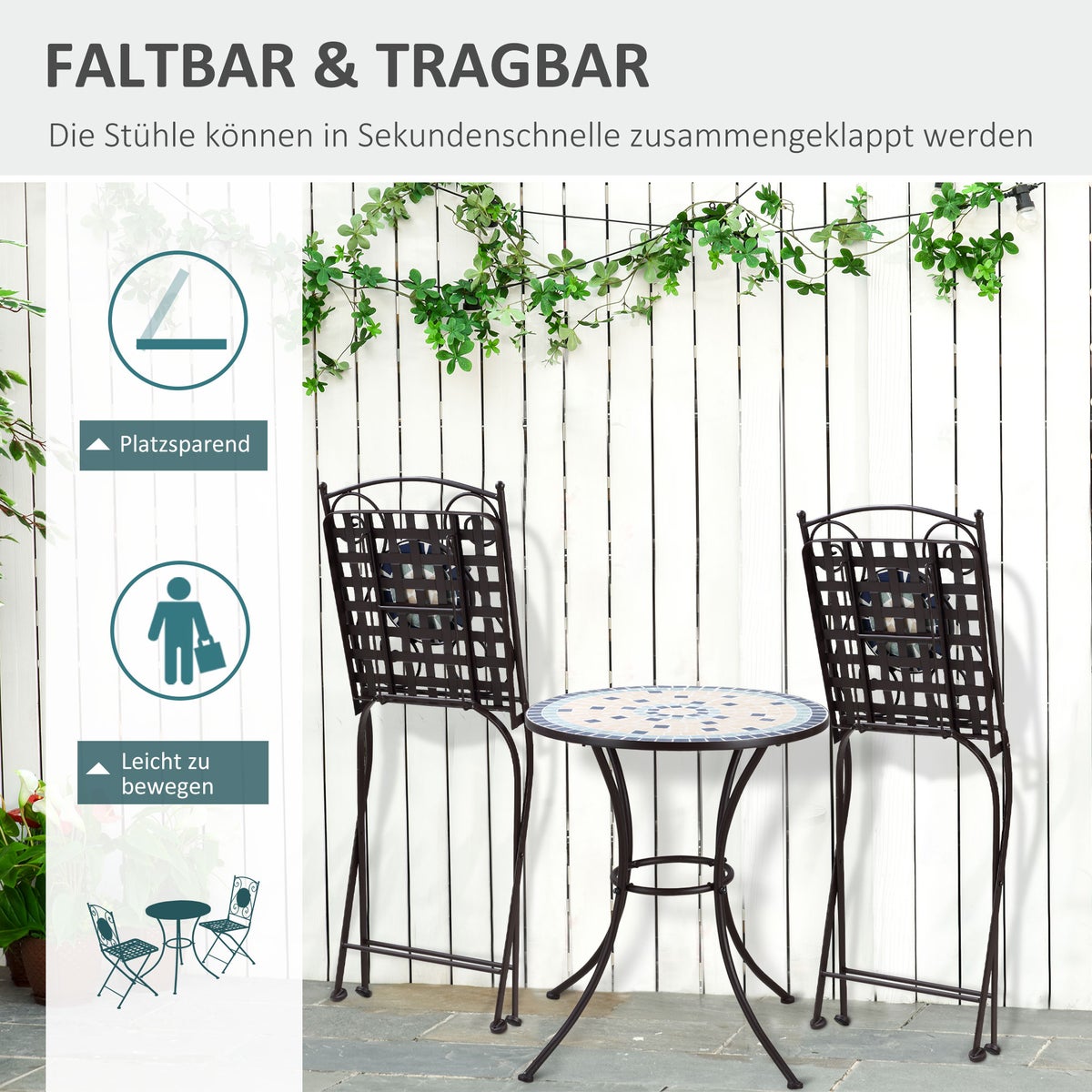 Outsunny 3-delige tuinmeubelset, inclusief 1 tafel, 2 klapstoelen met mozaïektegels, 61L x 61B x 71,5H cm, metaal, blauw+groen+geel