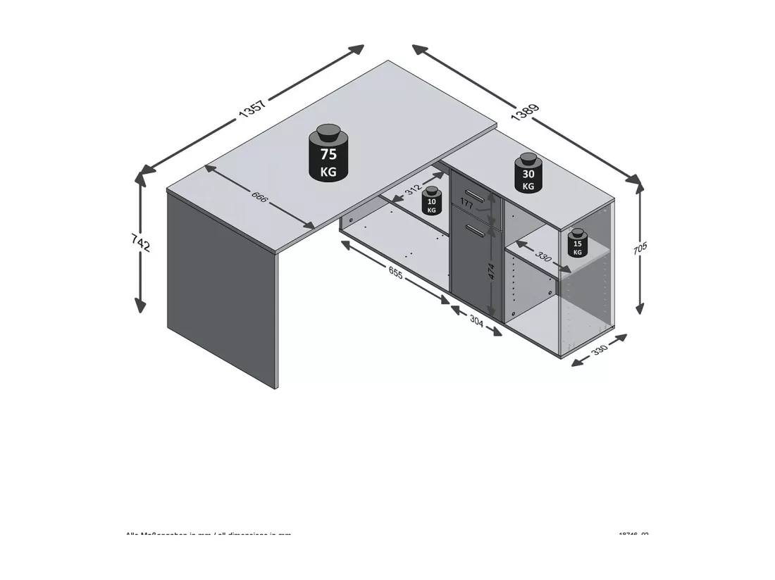 Bureau d'Angle Modulable avec Caisson, Tiroir et Étagères de Rangements - Lex
