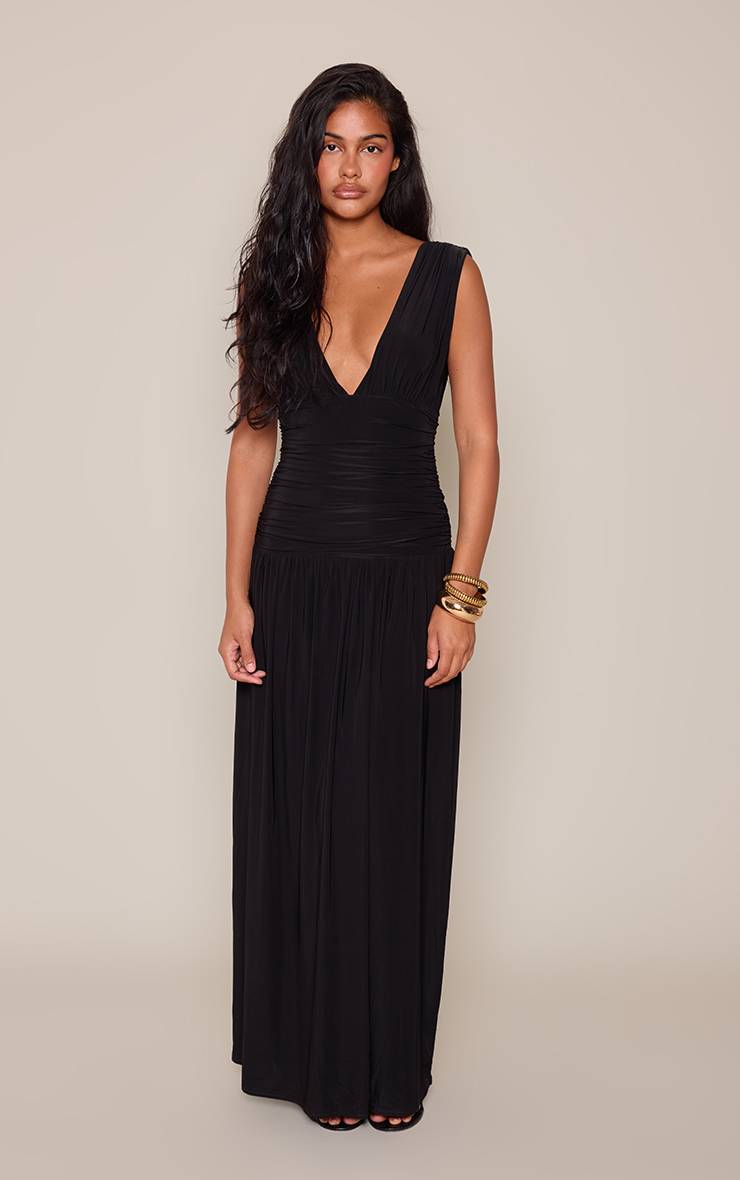 Noir Robe Maxi Longue Sans Manches À Décolleté Plongeant En Jersey Double Épaisseur