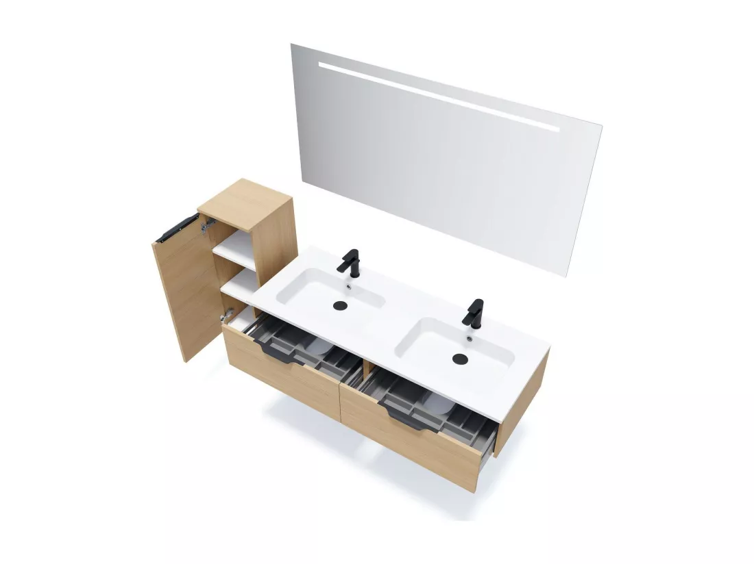 Meuble de salle de bain suspendu double vasque intégrée 140cm 2 tiroirs Chêne clair - Soho