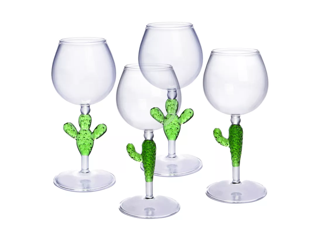 Lot de 4 verres à vin avec pieds cactus - Transparent et vert - D. 8.5 x H . 19.5 cm - GELLIF