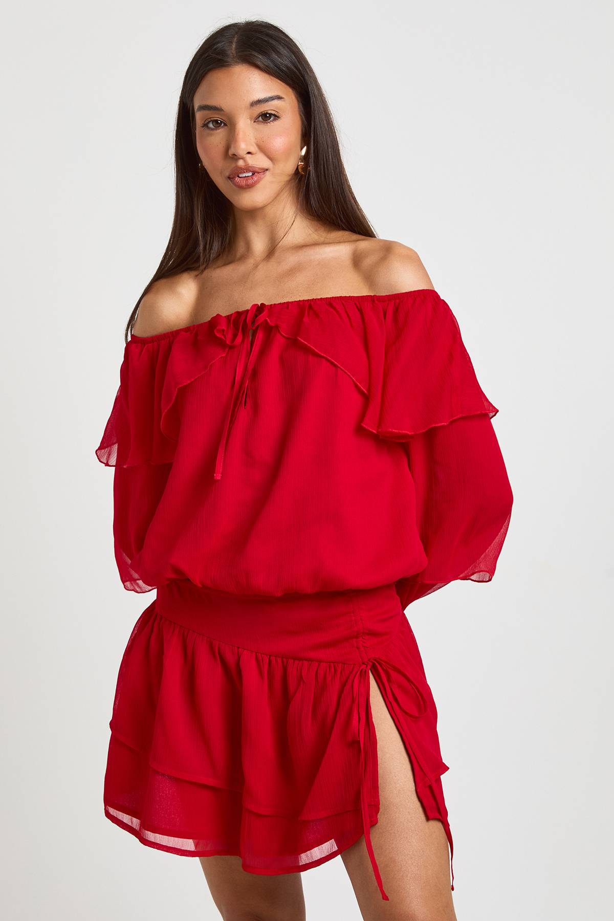 boohoo Blouse Bardot en Mousseline à Volants