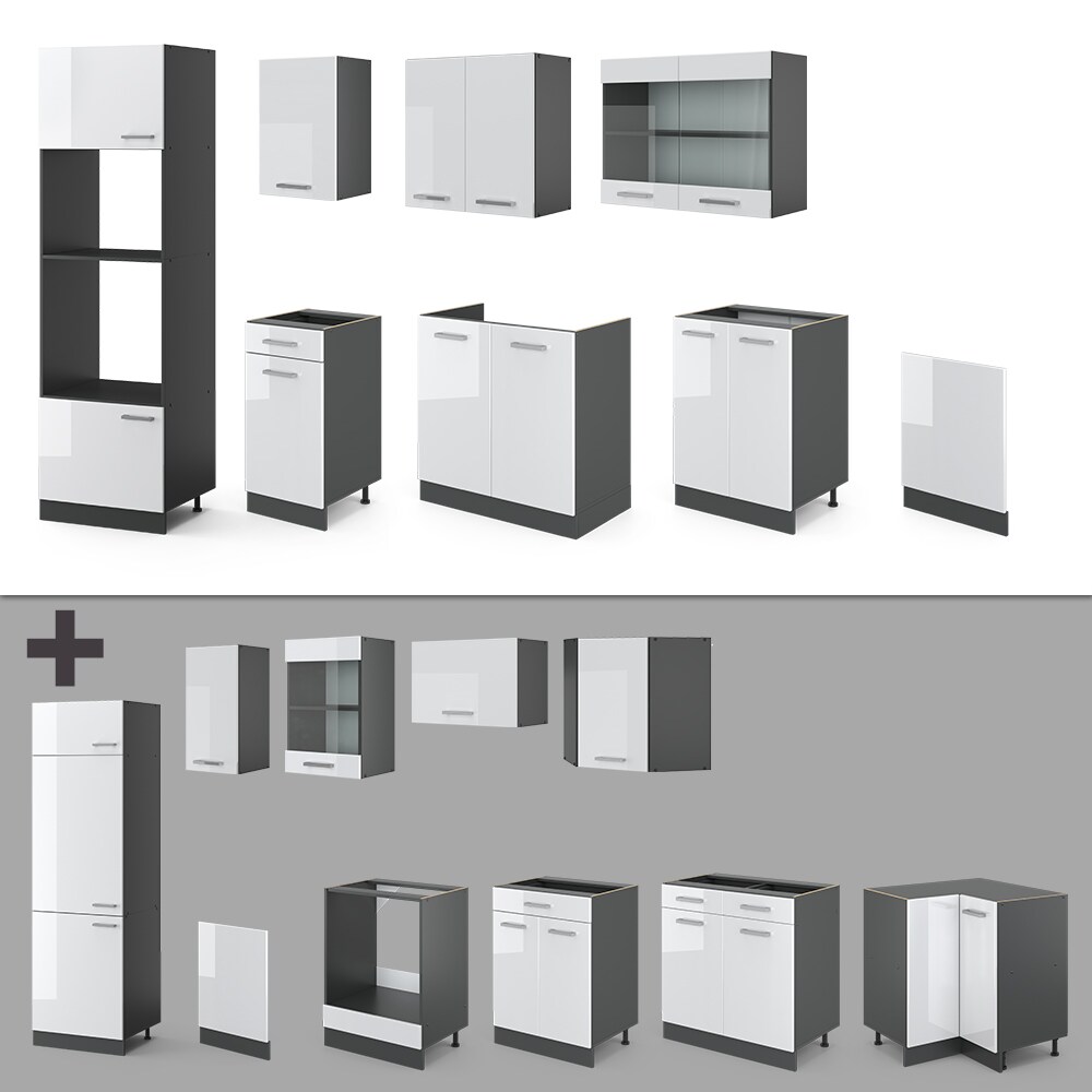 VICCO KÜCHE R-LINE 300 CM KÜCHENZEILE KÜCHENBLOCK EINBAUKÜCHE ANTHRAZIT WEISS HOCHGLANZ