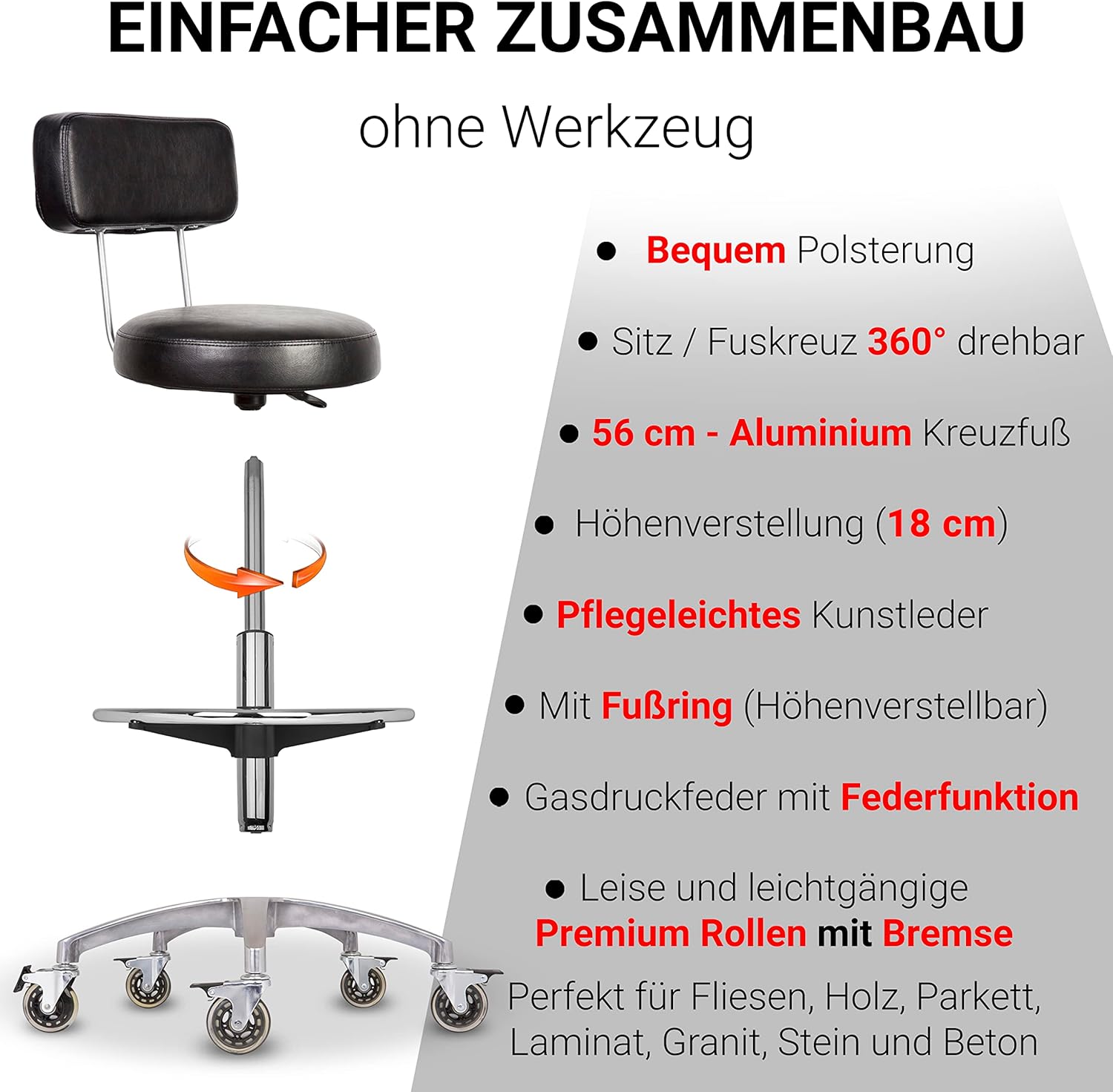 Rollhocker bis 160 kg - Premium Rundsitz mit Lehne und Fußstütze - Praxishocker (Premium Rollen mit Bremse) Drehhocker höhenverstellbar (55 cm bis 75 cm) Rundsitz