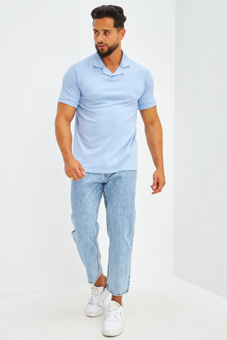 Polo col à rabats motifs chevrons bleu ciel