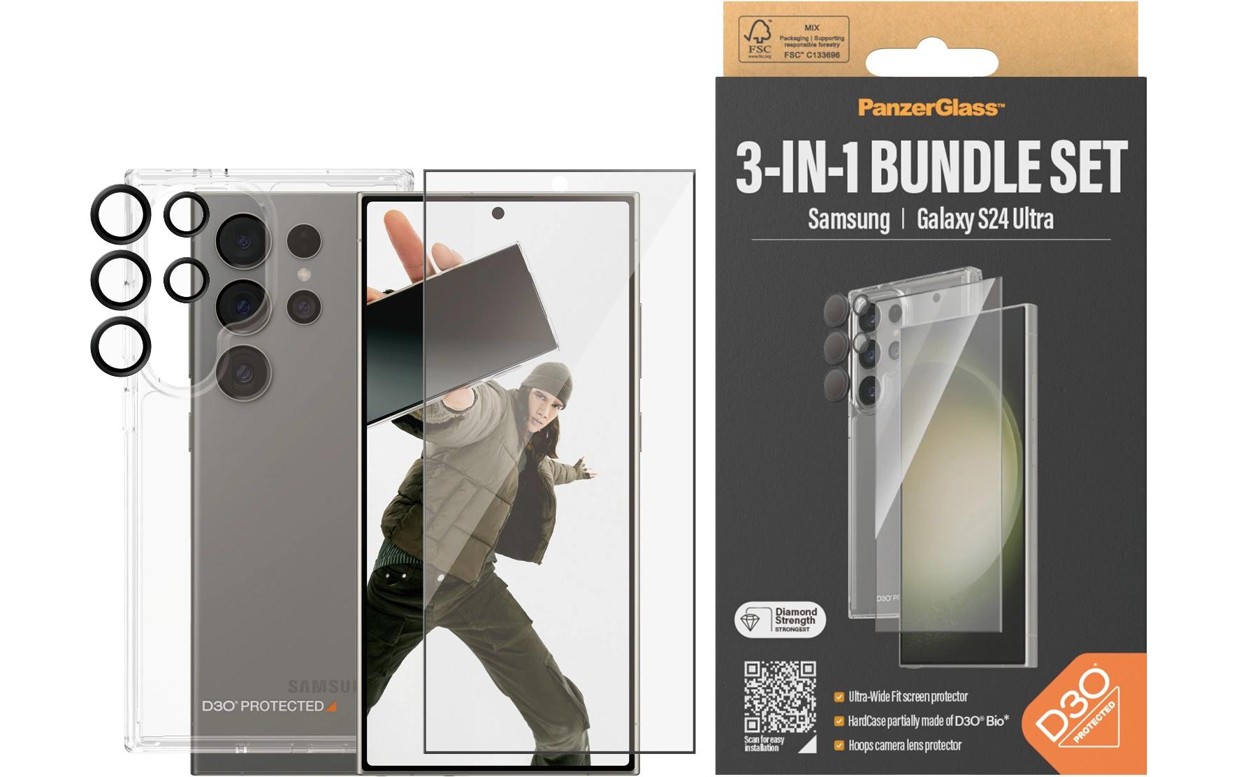 3-in-1 Bundle Galaxy S24 Ultra3-in-1 Set mit Bildschirmfolie, Schutzhülle und Kamera-Schutz für das Samsung Galaxy S24 Ultra