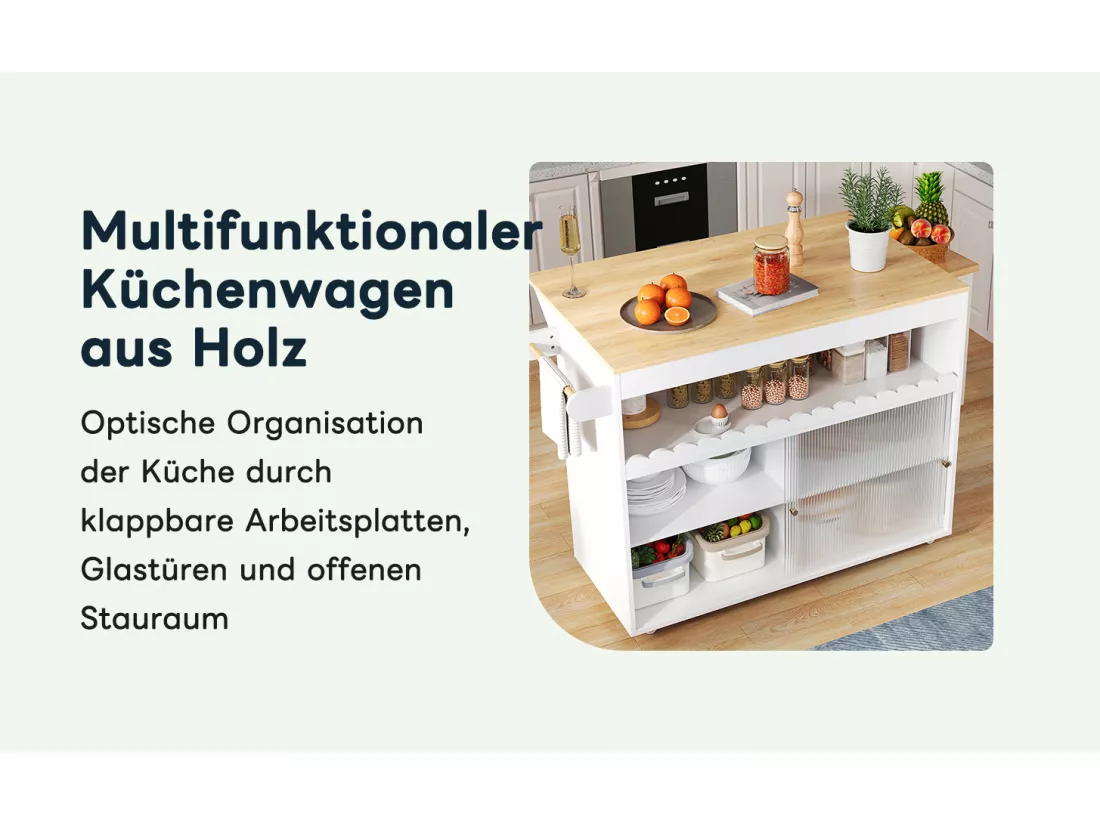 Ilot central de cuisine mobile avec 2 portes coulissantes - plateau extensible - 122x46/69x91 cm - Bois MDF - Blanc + naturel