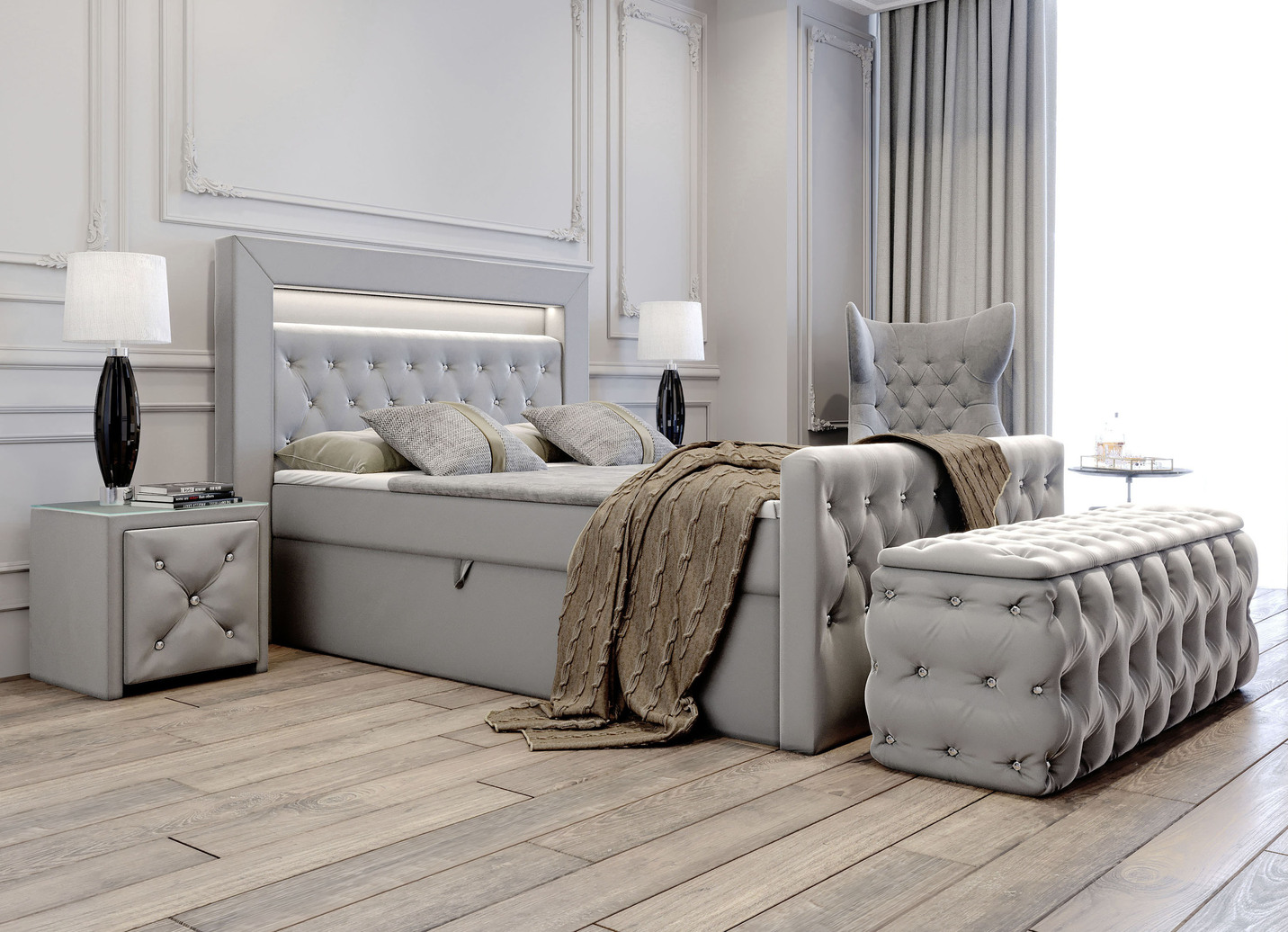 Boxspringbett mit LED-Beleuchtung, Topper und Nachttisch