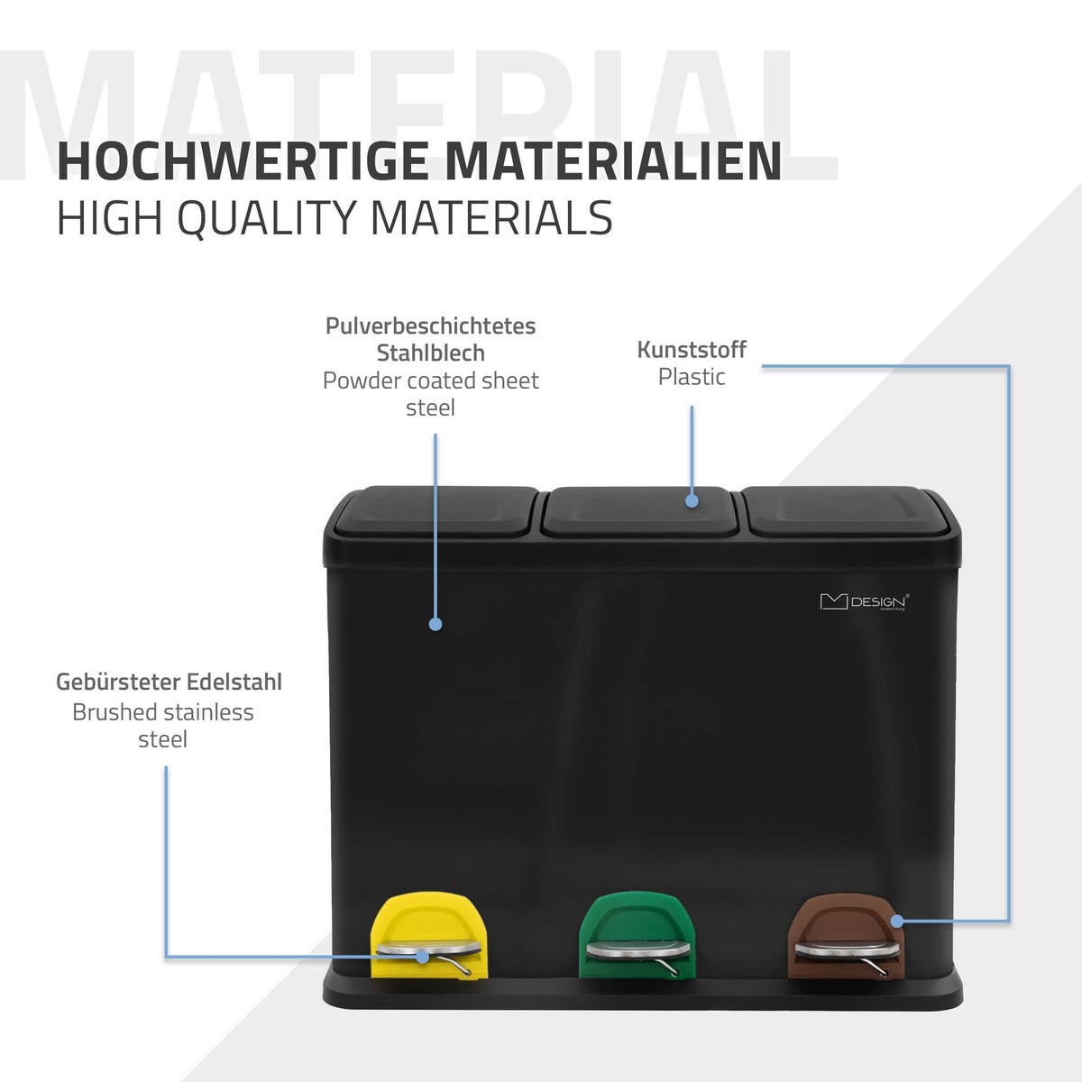 ML-Design Keuken Prullenbak 3x 15L (45L), Zwart, 3-compartimenten afvalscheidingssysteem, Pedaalemmer voor afvalscheiding, Stalen bak met kunststof binnenemmer en scharnierend deksel, Kleurgecodeerd