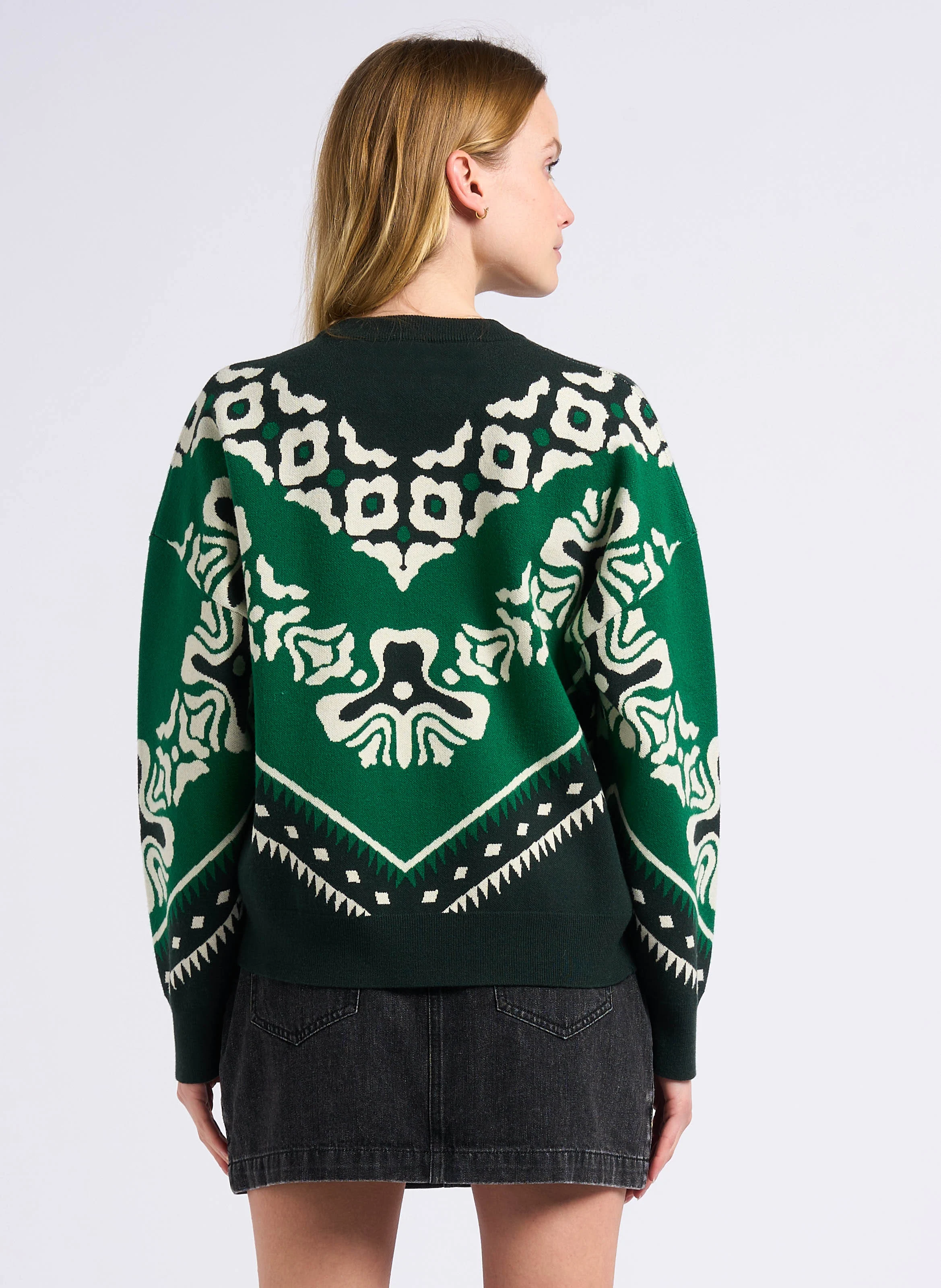 PAVARO - Pull droit col rond en jacquard imprimé | Vert