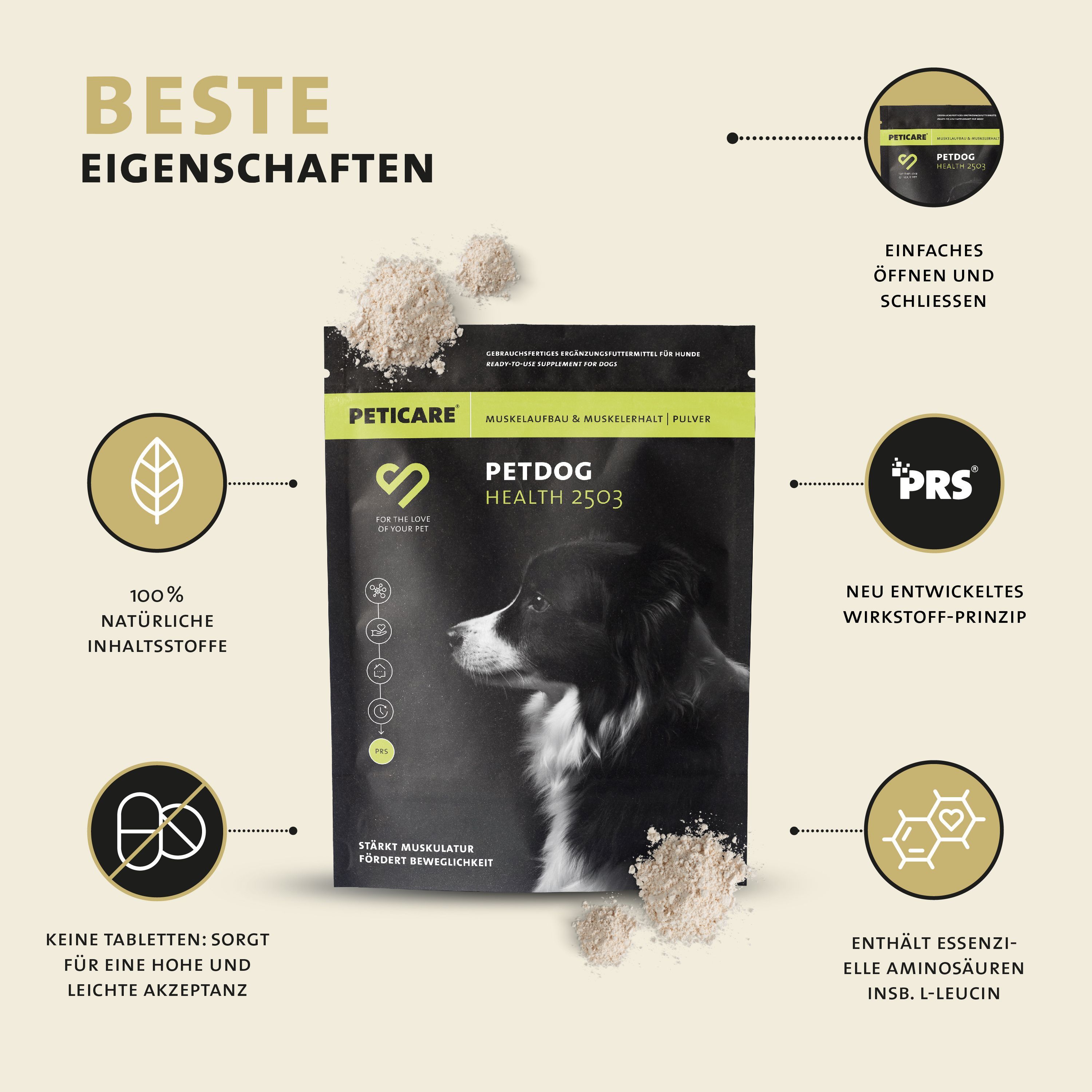 Peticare Muskulatur Pulver für Hunde, mit essenziellen Aminosäuren, Kollagen