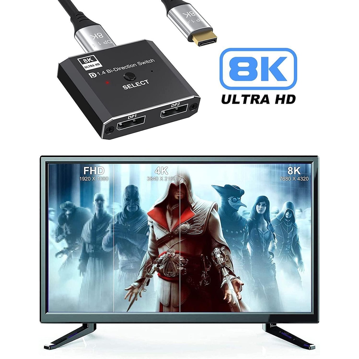 NÖRDIC 8K30Hz Displayport-svitsj 2 til 1 og splitter 1 til 2, 4K120hz