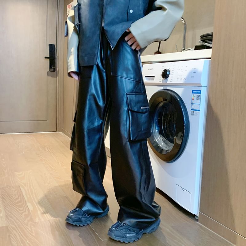 Breeson - Cargobroek van imitatieleer met elastische taille en wijde pijpen