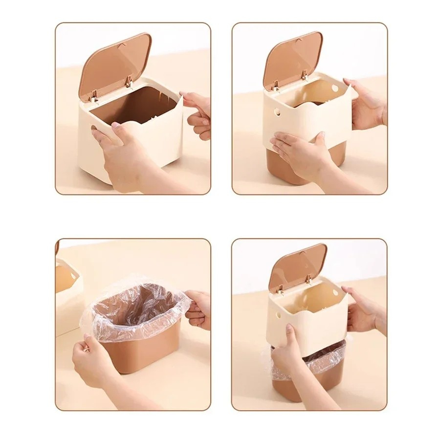 (1.7l) Mini Katzenstreu Eimer Müll Behälter Katzenklo Sand Abfallkübel mit Press Deckel - Beige / Braun