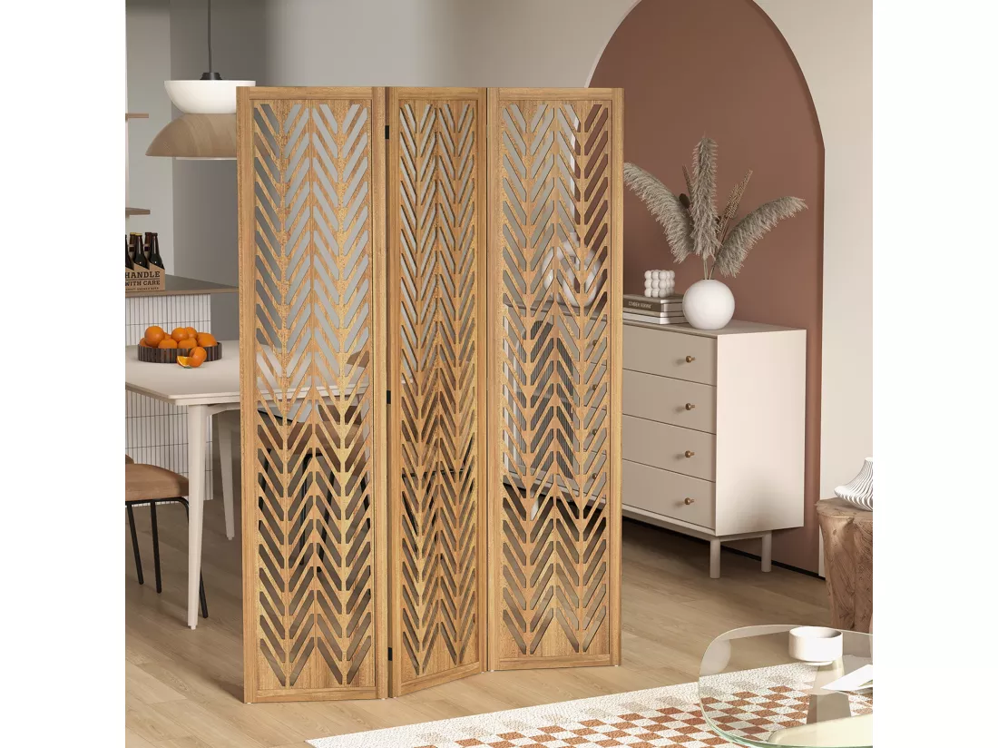 Paravent intérieur ajouré 3 panneaux pliables séparateur de pièce bois de paulownia verni