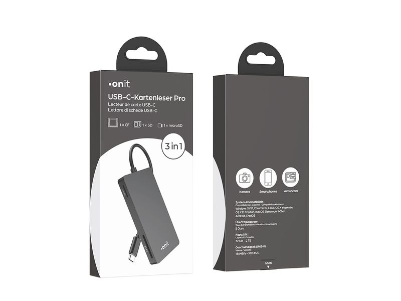 onit Card Reader Extern Pro USB-C 3-in1 Speicherkartenleser mit drei Slots