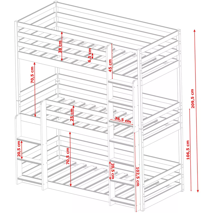 Kids Collective Hochbett 90x200 Dreier-Etagenbett für Erwachsene & Kinder, Stockbett für 3 weiß mit 3 Matratzen
