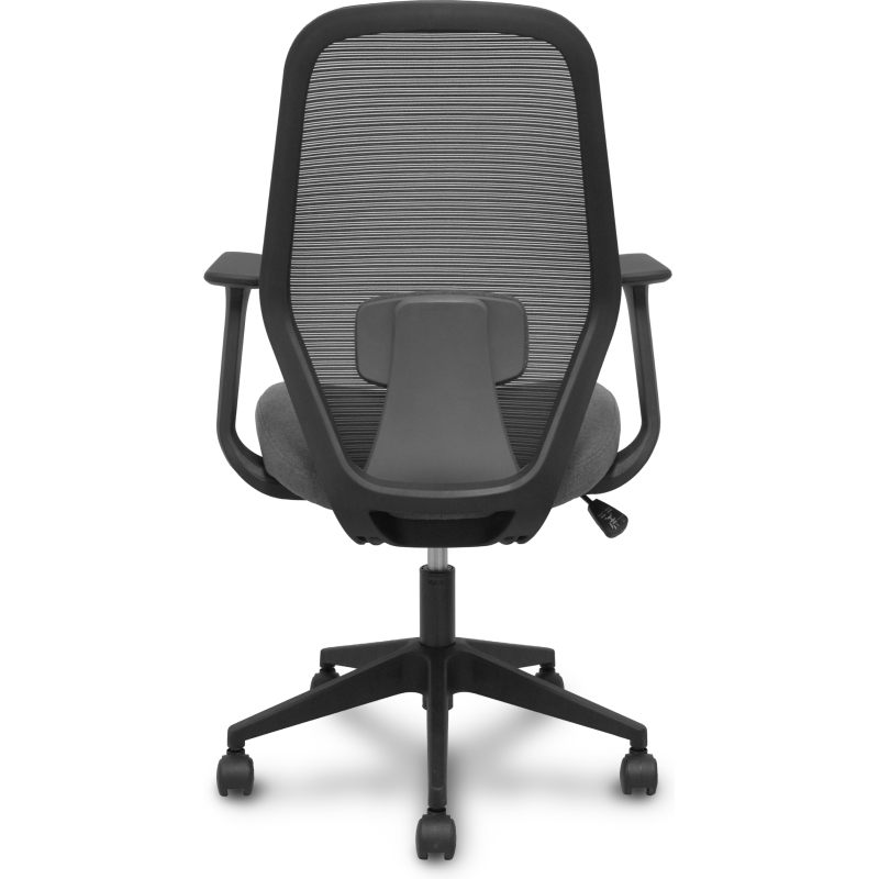 Chaise de bureau- Ergo529, dossier en maille noire, assise en tissu gris, piètement pyramidal, roulettes en nylon