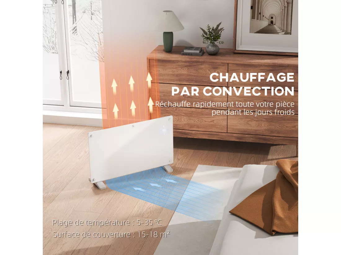 Radiateur à convection 1500W mural autoportant - affichage LED, timer 24h, thermostat, télécommande - verre blanc