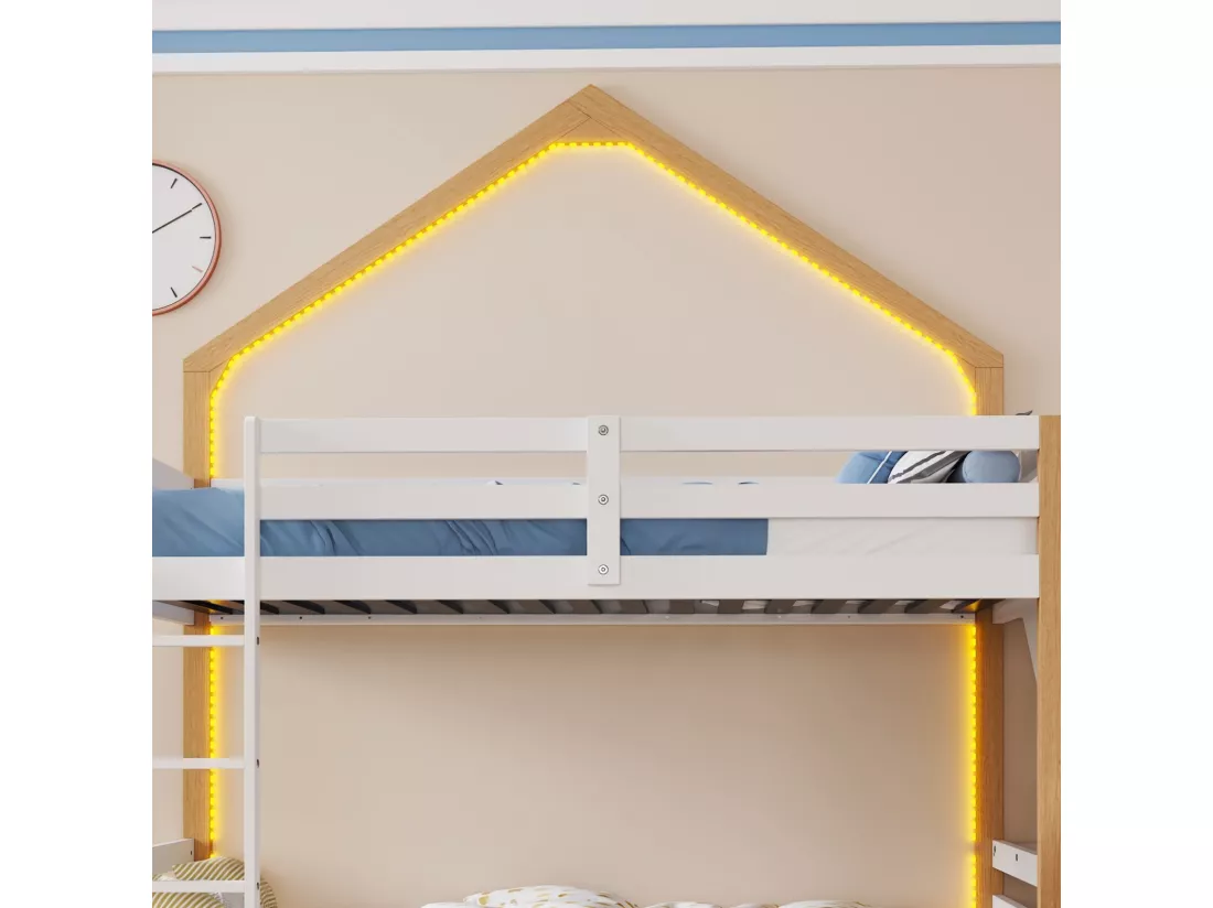 Lits superposés 2 x 90 x 200 cm - 2 tiroirs - avec LED - toboggan - Pin + MDF - Blanc + nature