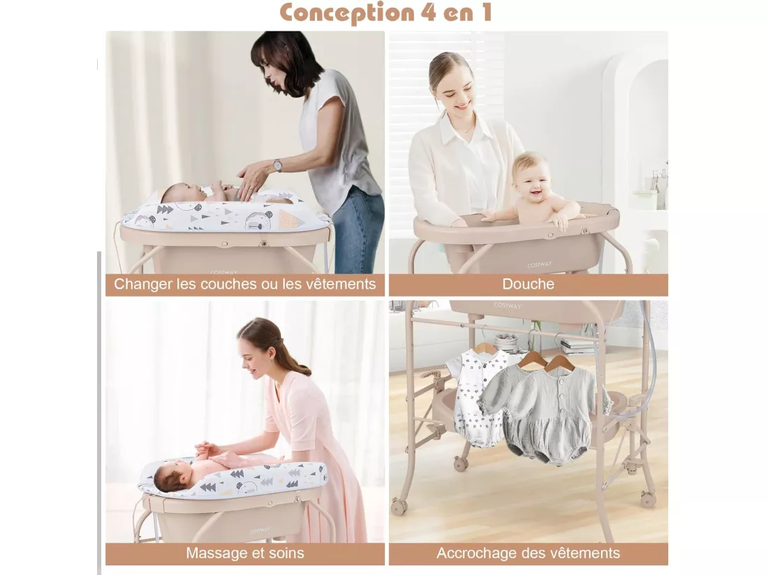Table à Langer 2 en 1 avec Baignoire 20L Plateau de Rangement, Commode à Langer Pliable Couches Étanches Roue Universelle à Frein Charge 35KG, pour Bébé 0-12 Mois (Beige)