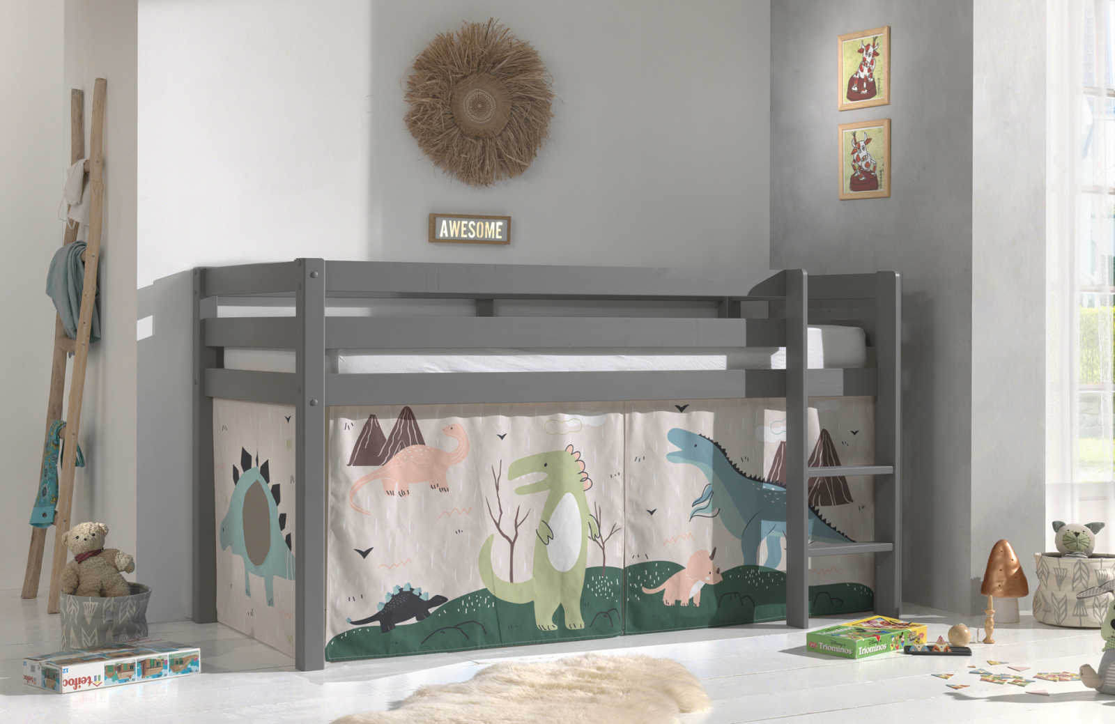 Halbhochbett PINO - DINOSAURIER - Kiefer grau Massivholz - 90x200 cm