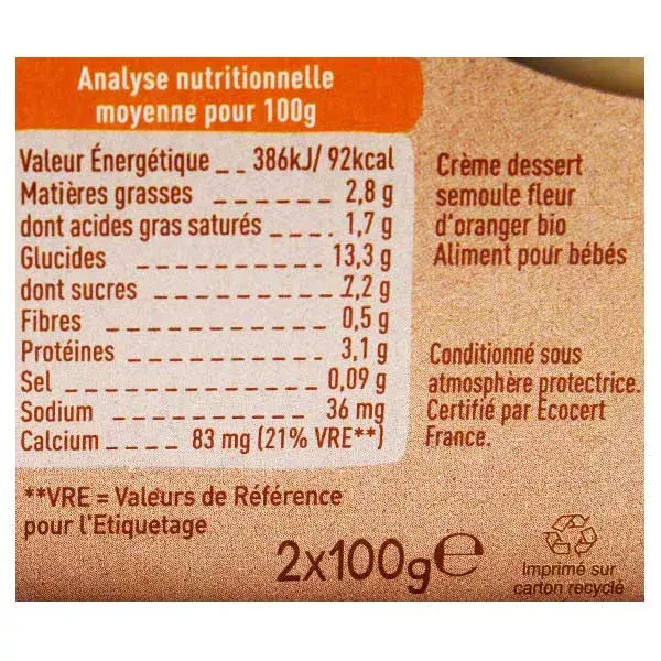 Sobremesas Lácteas Babybio, Pudim de Semolina com Flor de Laranjeira +6 meses, Orgânico, Pacote com 2 x 100g