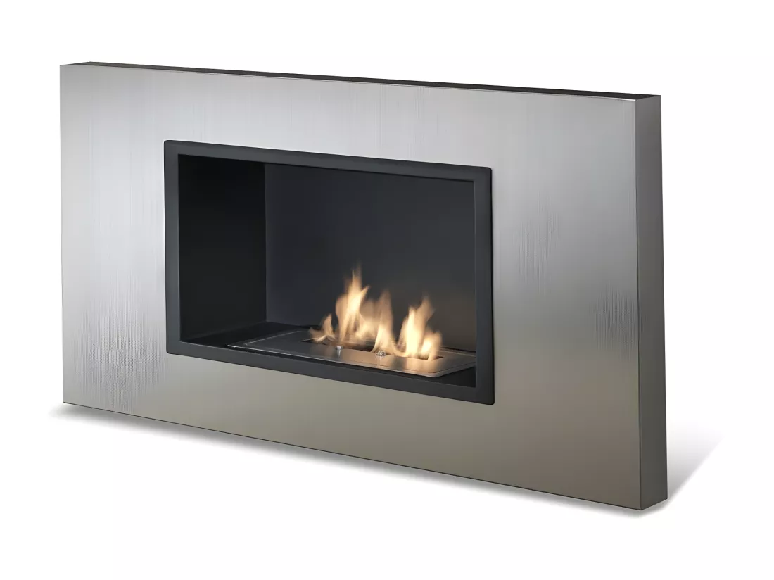 Bio-cheminée murale au bioéthanol design gris chrome 78 x 17 xh 54 cm