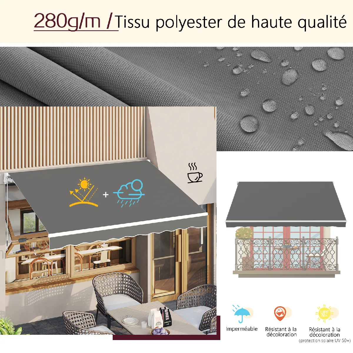 YODOLLA Store Banne Manuel Rétractable - Aluminium Polyester Auvant de Balcon - 2.5 x 2 M - Gris