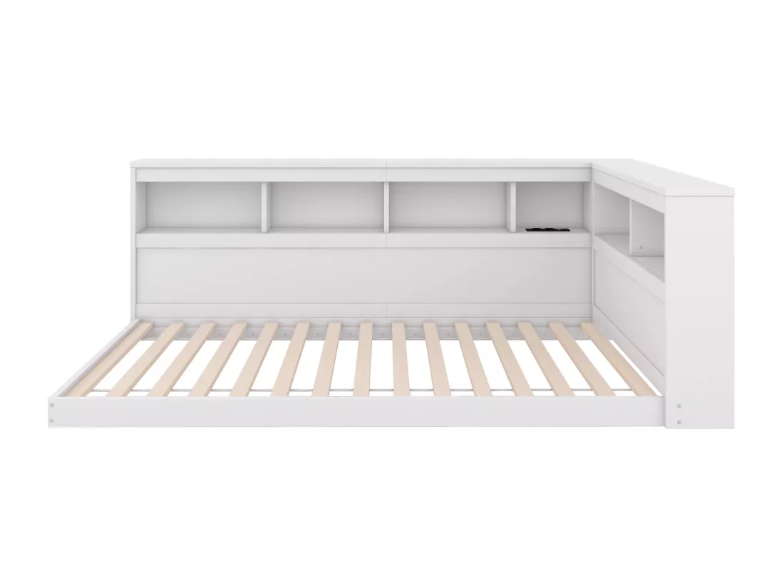 Lit banquette 90x200cm - avec Ports de USB et rangements - Blanc