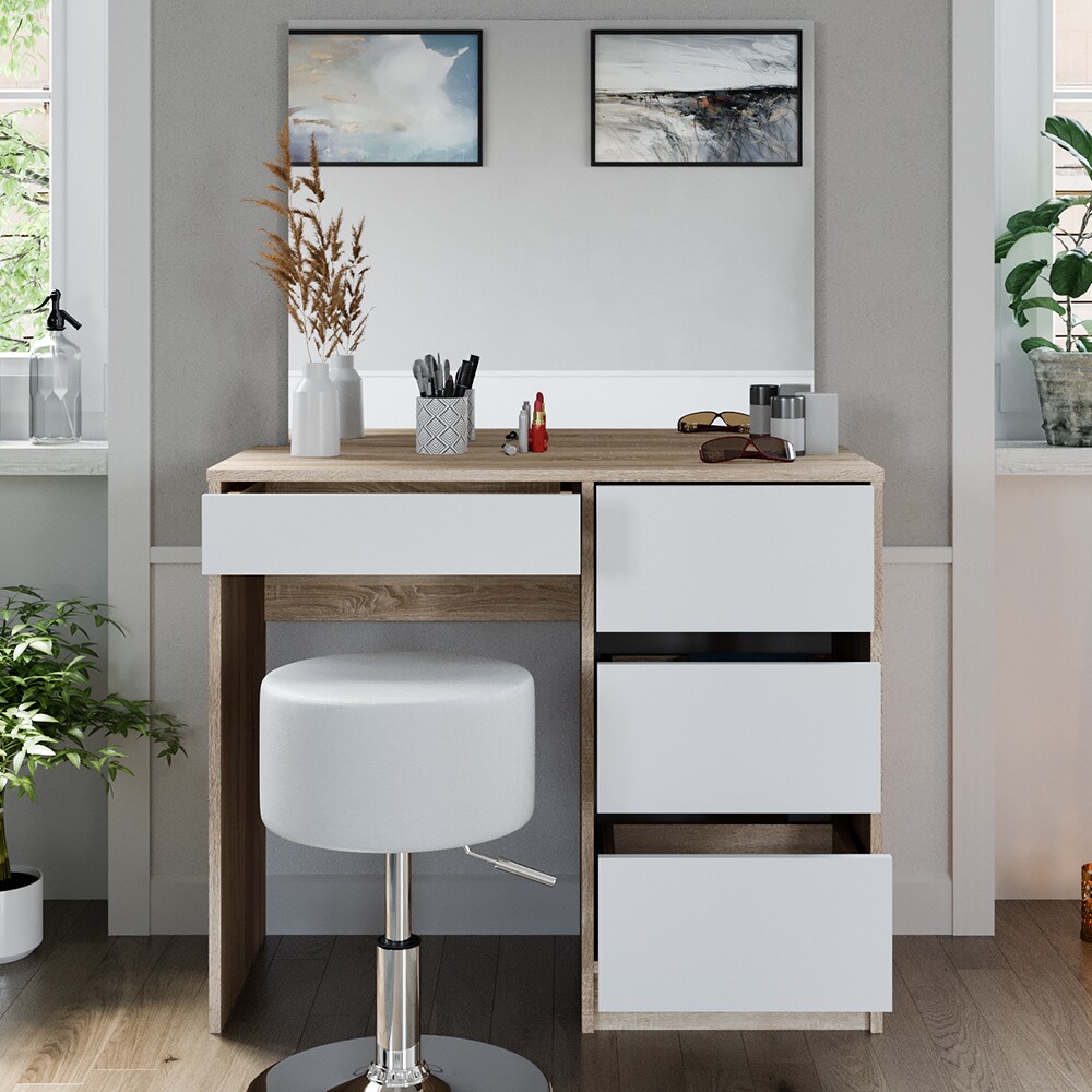 Vicco Schminktisch Sherry Sonoma Weiß, 90 x 75 cm, Spiegel, Hocker, Frisiertisch