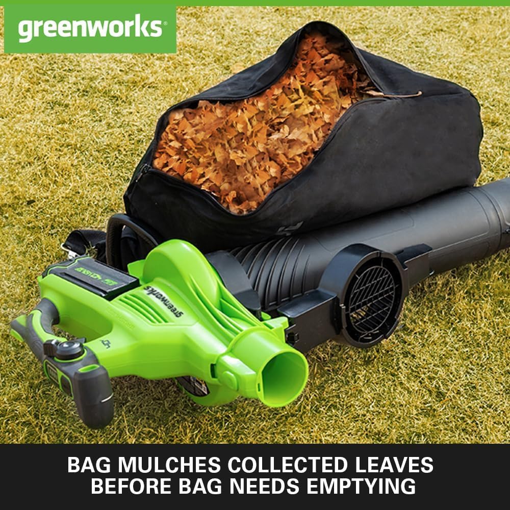 Greenworks 40V Akku Laubsauger / Laubbläser mit bürstenlosem Motor, 370 km/h, 14.17m³/min, 45L Fangsack ，OHNE Akku & Ladegerät, 3 Jahre Garantie GD40BVII, Green, Grey, Black