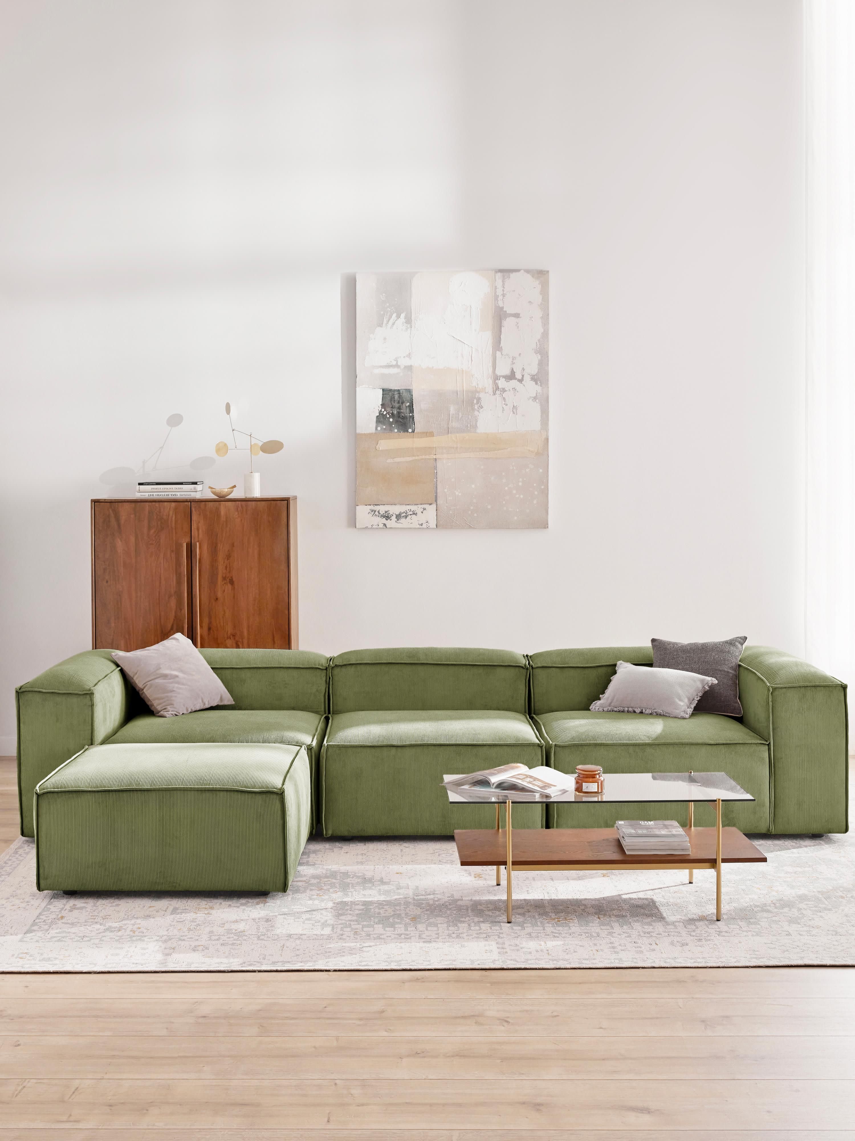 Modulaire bank Lennon (4-zits) van corduroy met poef (links/rechts)