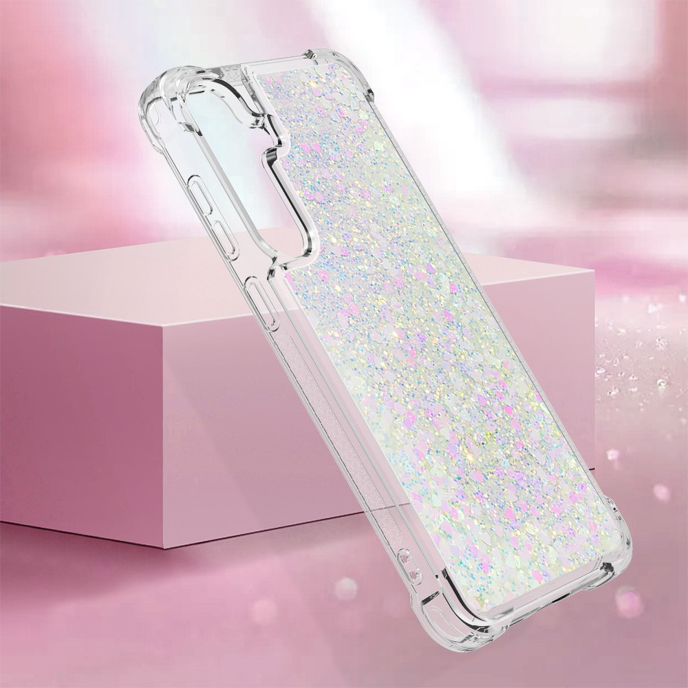 Samsung Galaxy S24 Hardcase Hülle mit Air Cushion Fallschutz Liquid Case Glitzer Herzen - Silber / Transparent