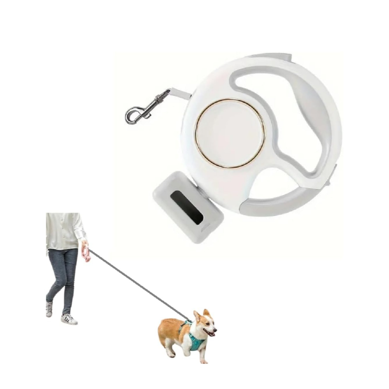(3m) Einziehbare Hunde Leine mit Taschenlampe USB Rollleine inkl. LED Beleuchtung / Kotbeutel Spender / Karabiner Griff - Weiss